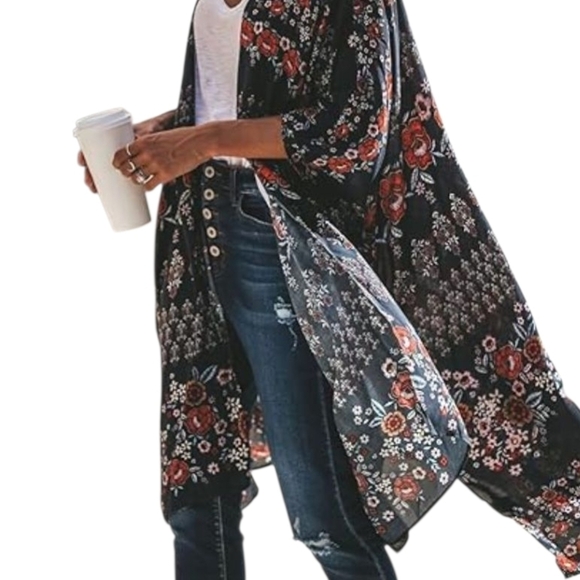 En Creme Dark Floral Kimono Large Blue - Picture 7 of 7